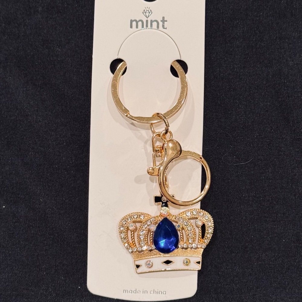 BAG CHARM Mint Gold Tone Crystal Crown Keychain with Sparkling Blue Jewel